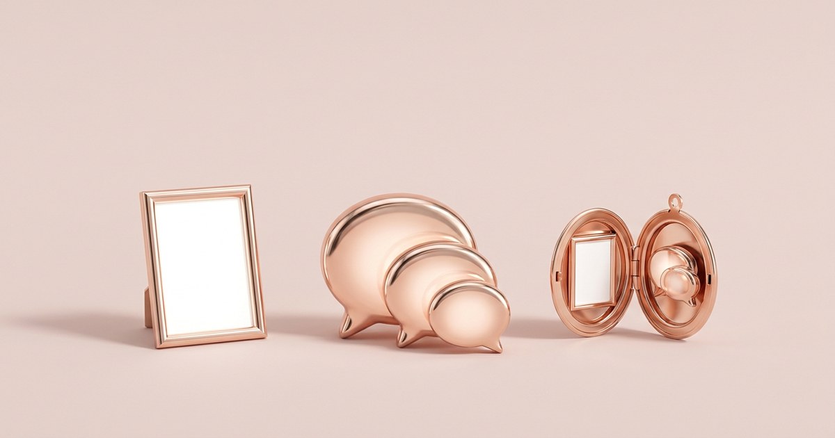Three rose-gold objects on a blush surface: a small picture frame with a blank white photo on the left, a stack of three rounded chat-bubble shapes in the middle, and an open locket on the right holding a tiny frame and a tiny chat bubble together inside it