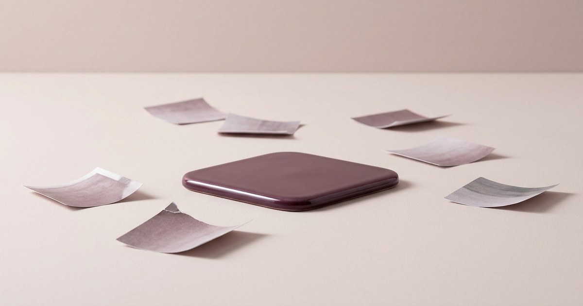 A single glossy deep plum ceramic tile shaped like a blank app icon lying on a pale blush surface, surrounded by seven faded, curling paper copies of the same rounded square in washed-out mauve, one torn at the corner.
