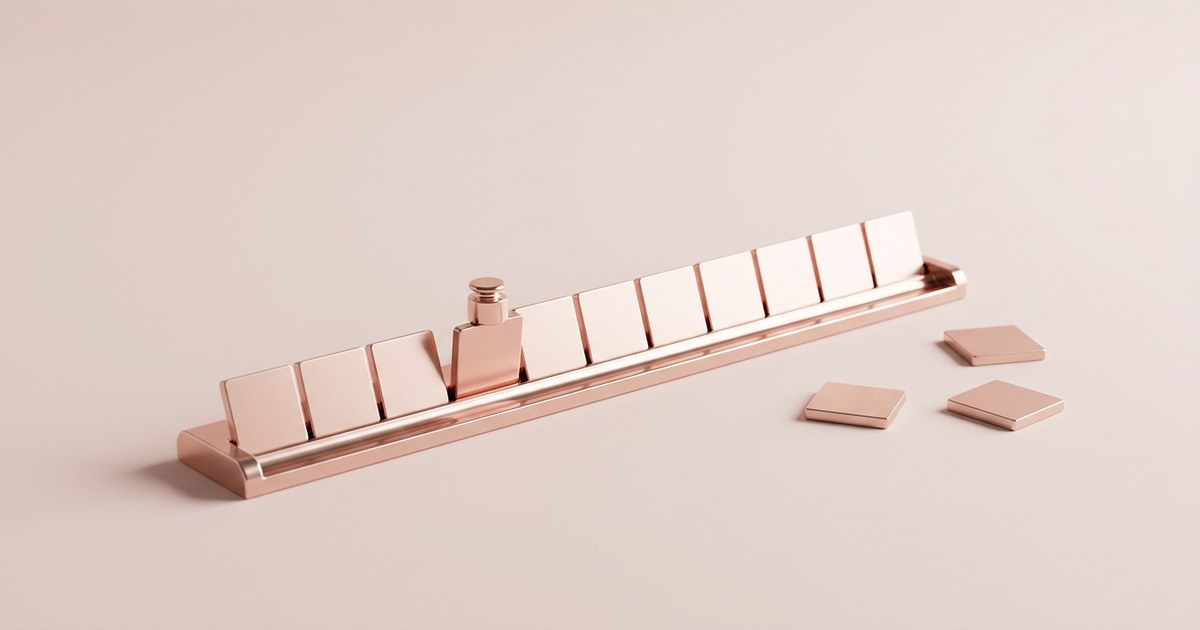 A long polished rose gold tray on a pale blush surface holding a single row of eleven blank rose gold square tiles leaning back in a line, one tile near the left pushed forward with a small rose gold cylindrical weight resting on top of it, and three more blank tiles lying flat and apart on the surface to the right.