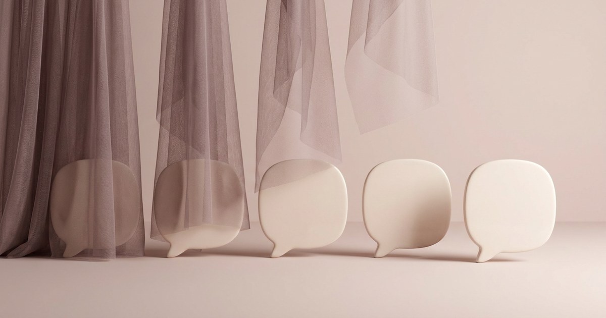 Five cream speech-bubble shapes in a row, the leftmost hidden behind a thick sheer veil and each veil after it lighter until the rightmost bubble stands fully unveiled